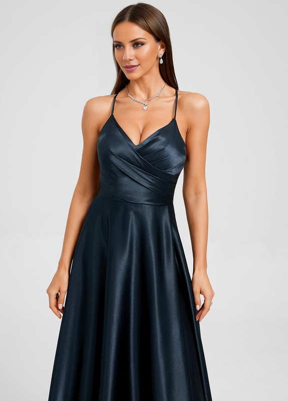 A-line V-neck floor-length pleated satin prom dress