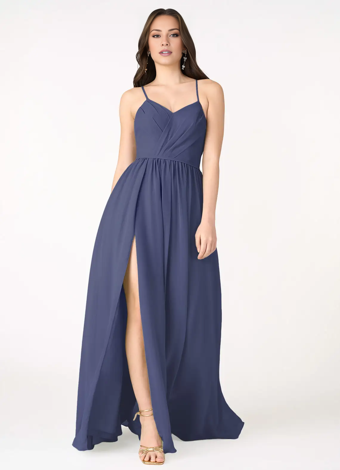 A-line V-neck slim shoulder strap backless and floor length evening dress