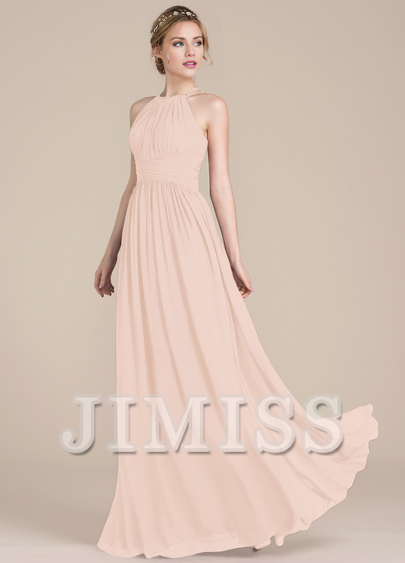 Ruffled A-line scoop neck floor-length chiffon prom dress