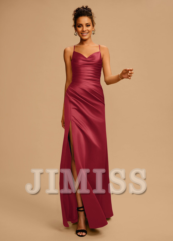 Bodycon/straight V-neck floor-length pleated satin prom dress