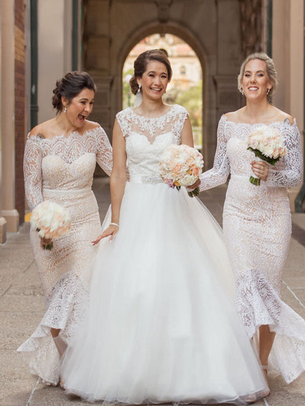 Mermaid Charming Straight Long Sleeve Lace Evening Dresses Bridesmaid Dresses.DB10722