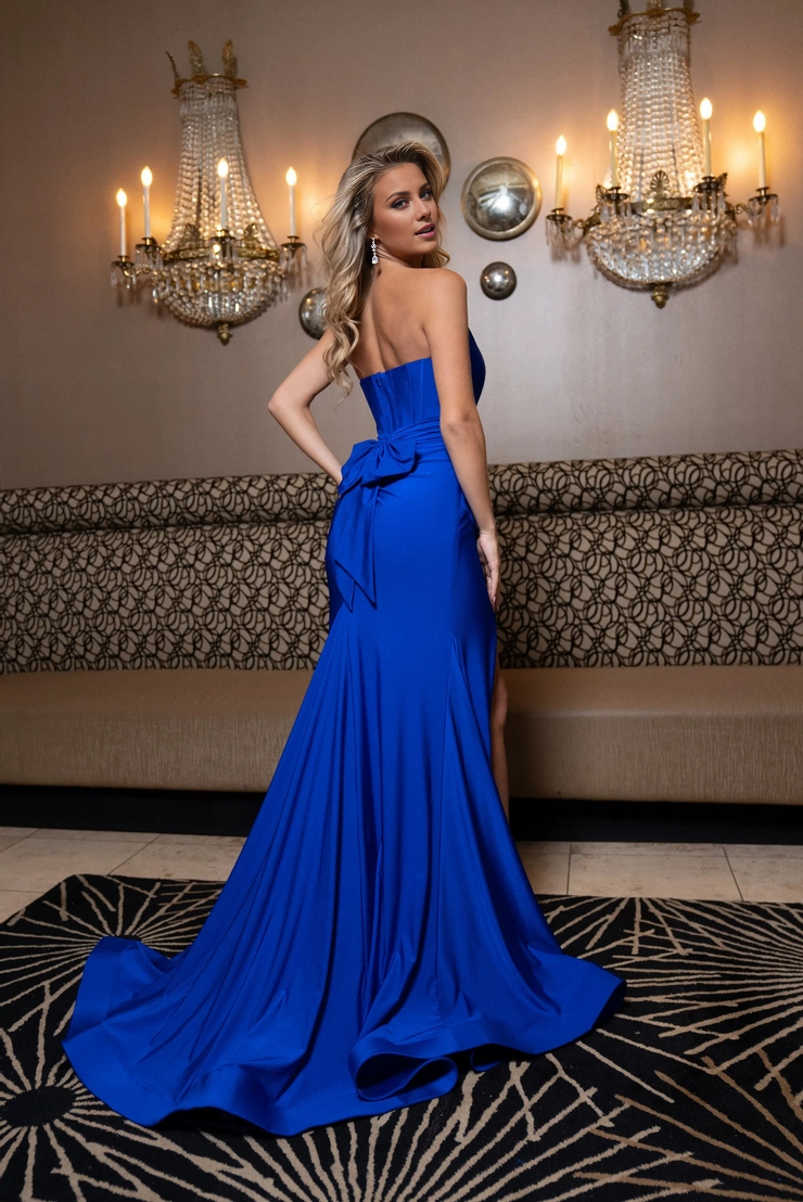 A-line off shoulder sleeveless satin side slit and floor length evening gown
