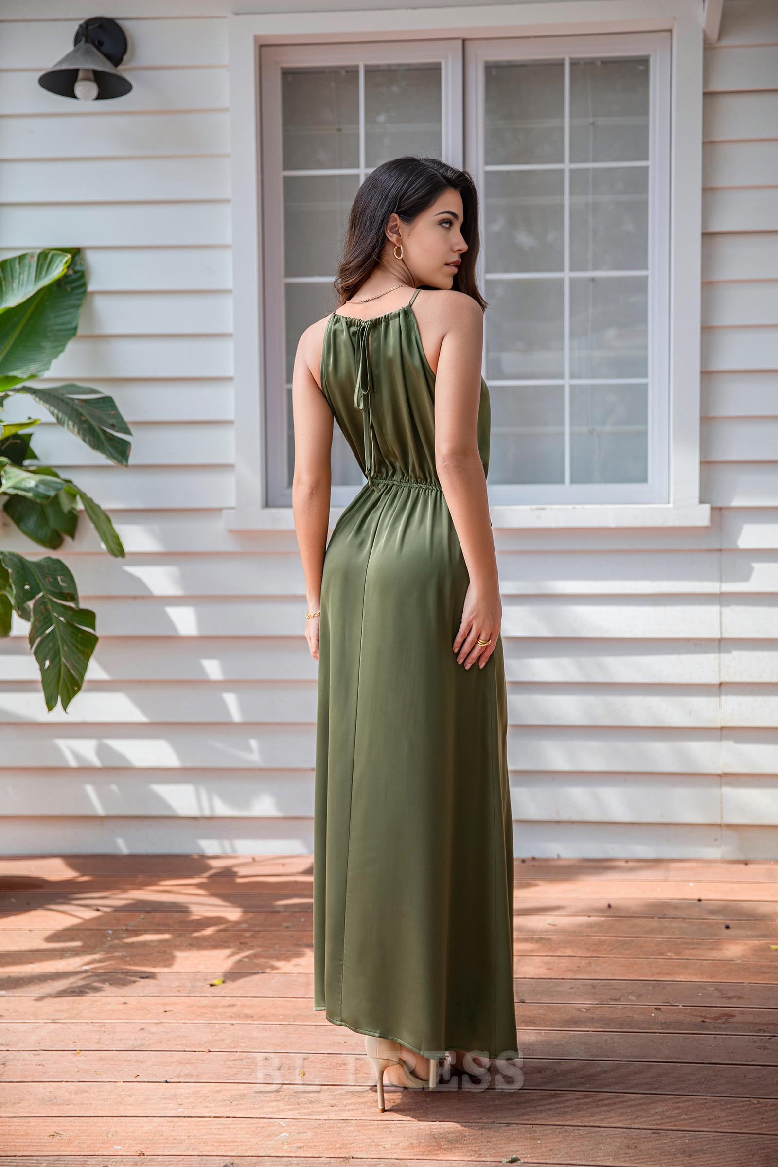 Boho Halter Maxi Tie Waist Satin Elegant Sleeveless Long High Slit formal dresses Bridesmaid Dresses evening gown Prom Dress