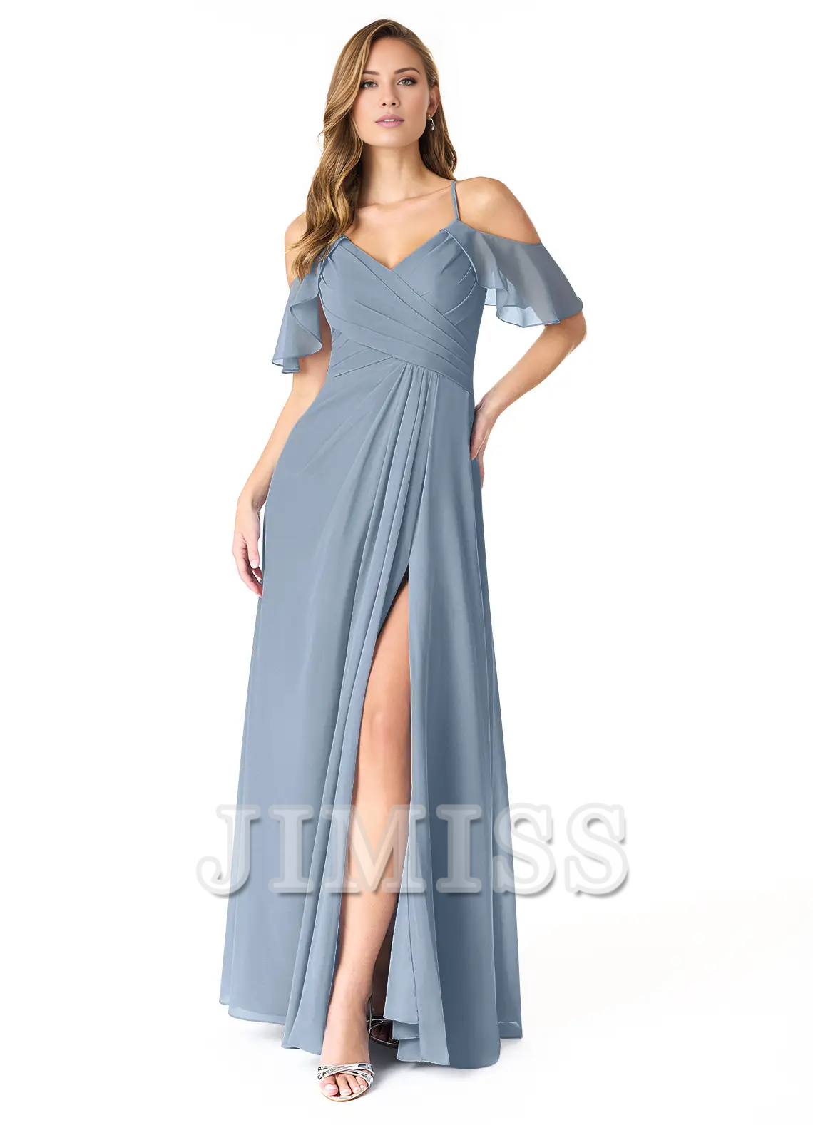 A-line V-neck pleated chiffon side slit and floor length bridesmaid dress - Jimiss Dress