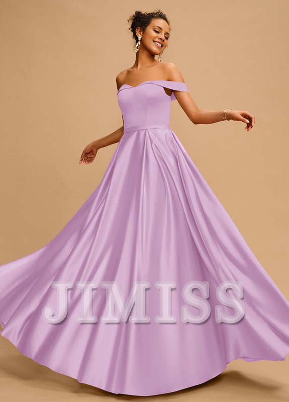 A-line off-the-shoulder floor-length satin prom dress