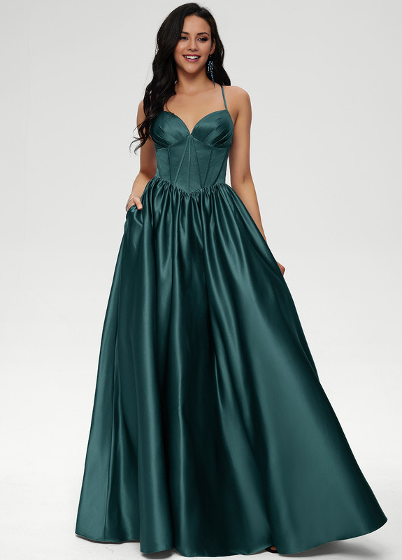 Ball-Gown/Princess V-neck pleated floor-length satin prom dress