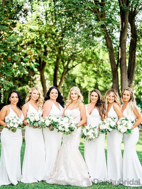 Sexy V-neck Mermaid Satin Long Bridesmaid Dresses.DB10335