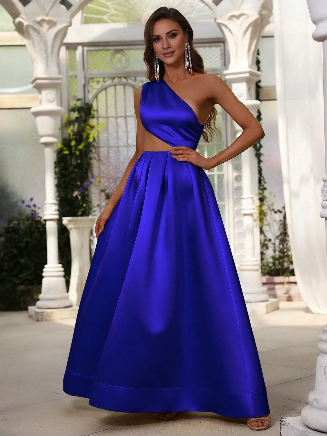 One shoulder hollow satin and floor length formal dress
