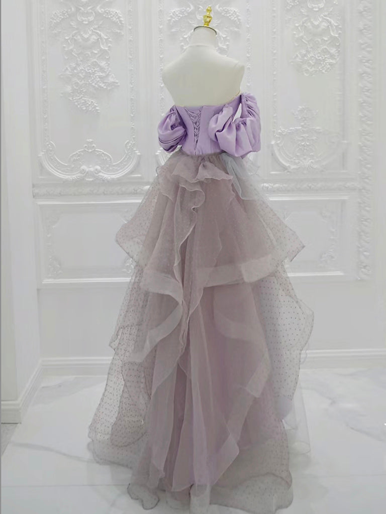 A-Line Satin Tulle Purple Long Prom Dress, Tulle Purple Long Formal Dress