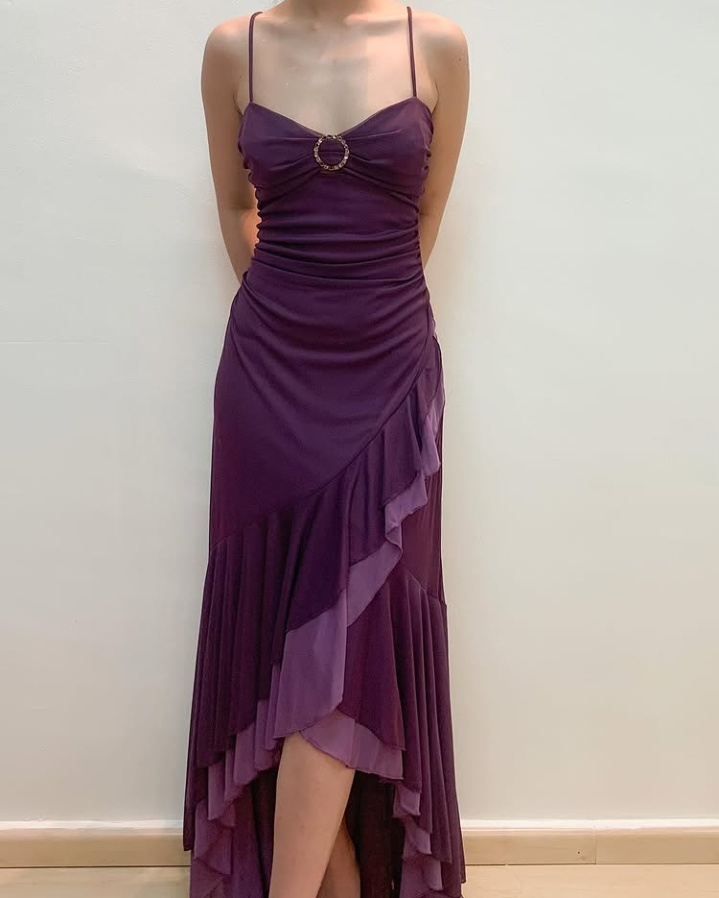 Dark Purple Spaghetti Straps Ruffled Split Prom Dress Long
