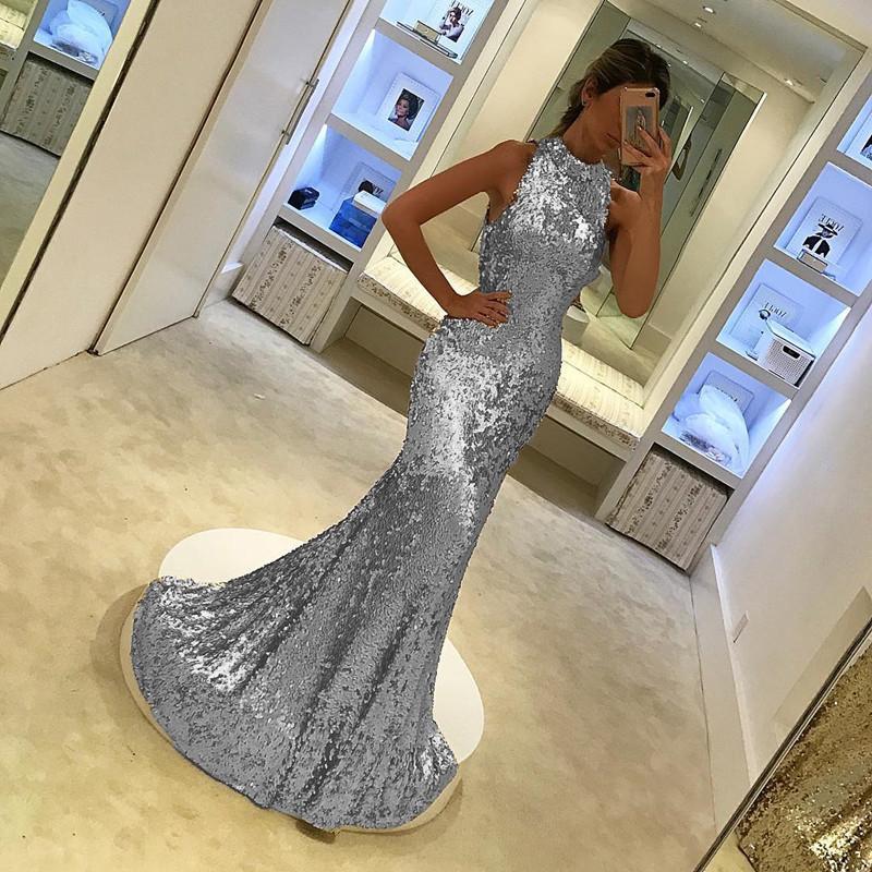 Silver Sequins Halter Long Mermaid Evening Gowns 2019