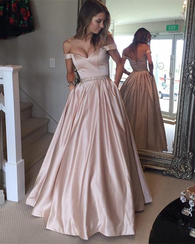 Long Satin V-neck Off Shoulder Prom Dresses Beaded Sashes