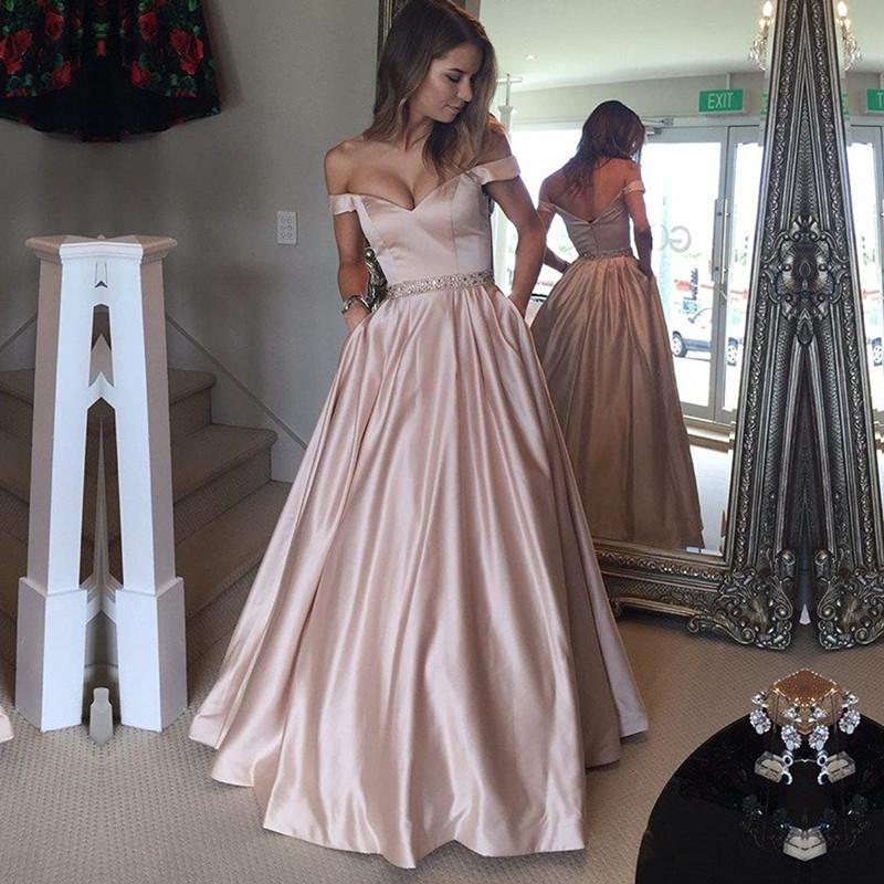 Sexy Off Shoulder Beaded Sashes Satin Prom Dresses Ball Gowns