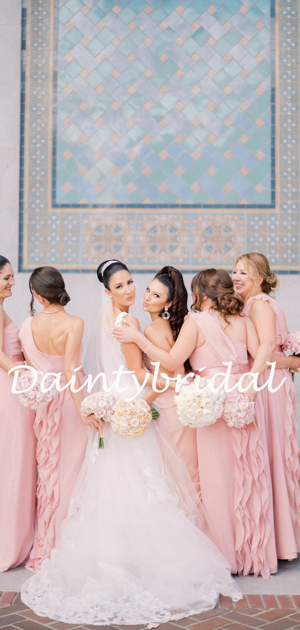 Simple One Shoulder Side Slit Chiffon Long Bridesmaid Dresses.DB10765