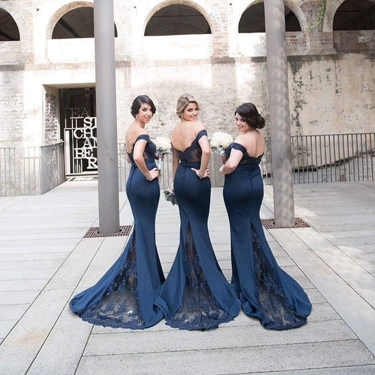 Navy Blue Mermaid V-neck Off Shoulder Bridesmaid Dresses Lace Appliques Train