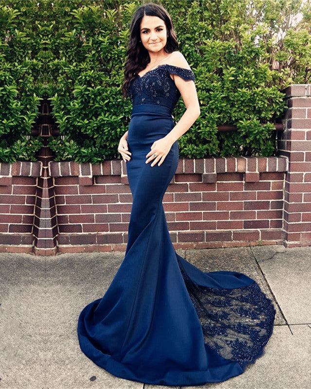 Navy Blue Mermaid V-neck Off Shoulder Bridesmaid Dresses Lace Appliques Train