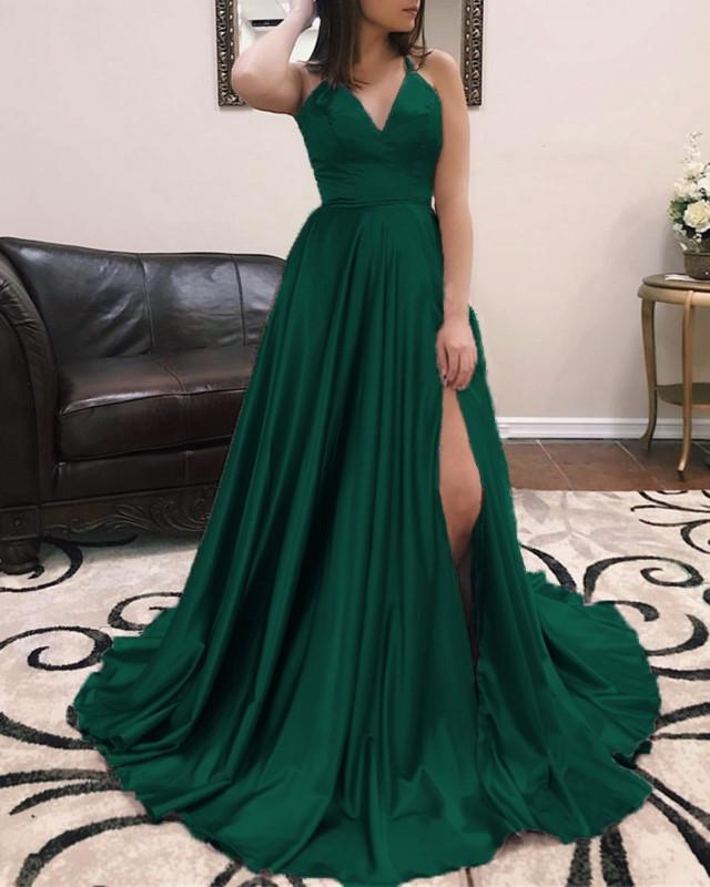 Long Sexy V-neck Cross Back Satin Prom Dresses 2019