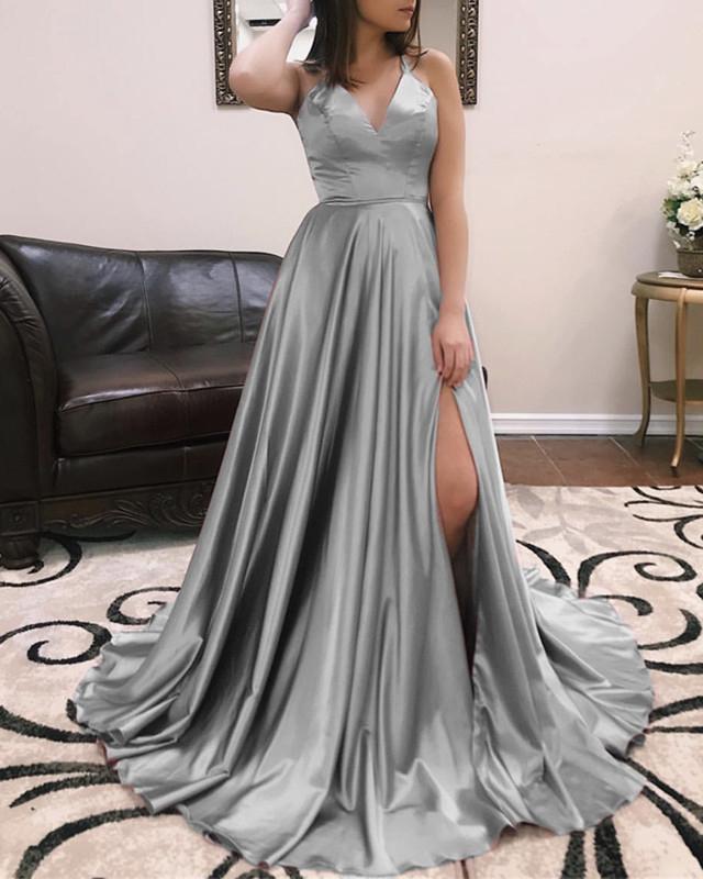 Long Sexy V-neck Cross Back Satin Prom Dresses 2019