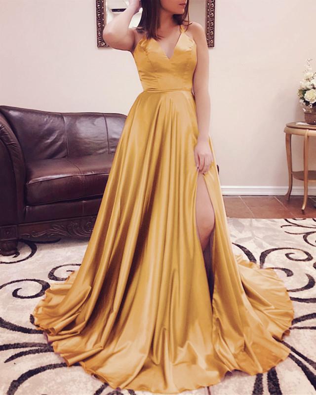 Long Sexy V-neck Cross Back Satin Prom Dresses 2019