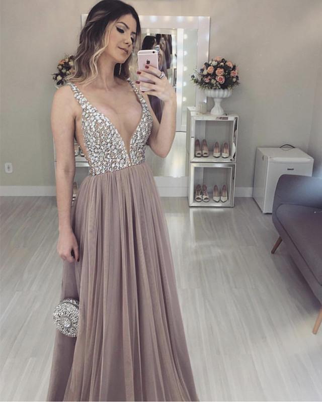 Long Tulle V-neck Prom Evening Dresses Crystal Beaded