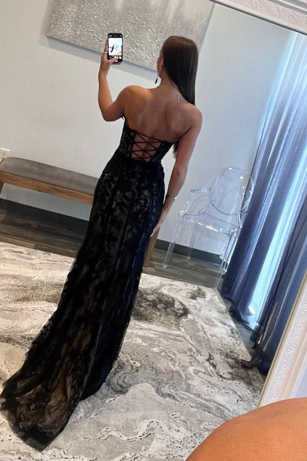 Mermaid Strapless Lace Prom Dress with Slit Black Sexy