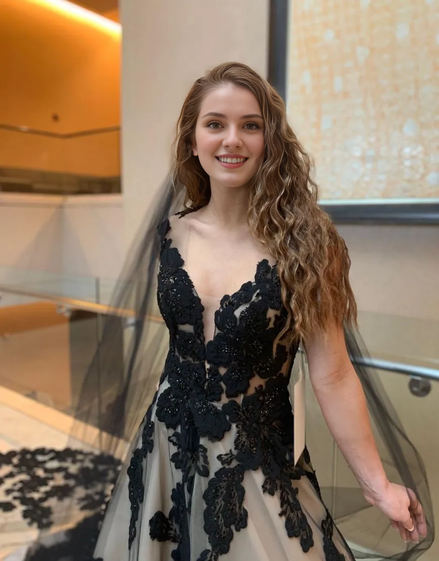 Aimishang A-Line Wedding Dress V-Neck Open Back Court Train With Veil