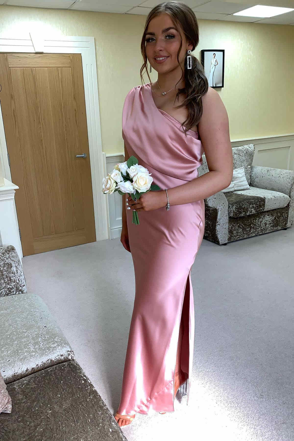 One Shoulder Blush Pink Long Bridesmaid Dress