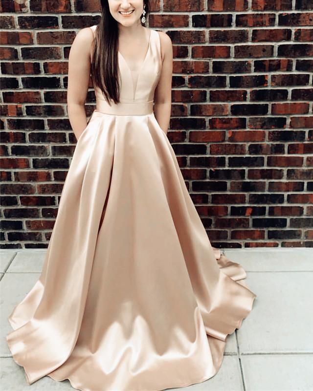 Sexy Deep V-neck Bow Back Long Satin Prom Dresses 2019