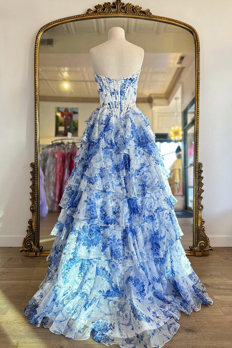 A Line Sweetheart Blue Floral Chiffon Prom Dresses
