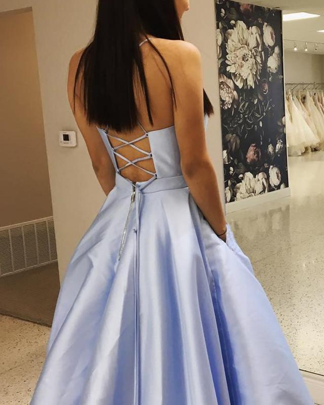 Light Blue Satin V-neck Cross Back Prom Dresses 2019