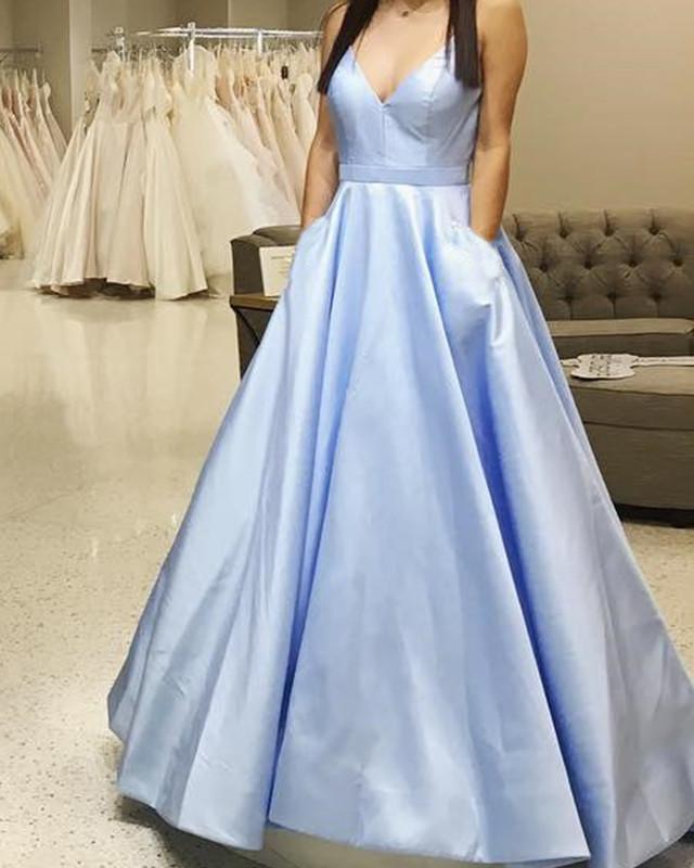 Light Blue Satin V-neck Cross Back Prom Dresses 2019