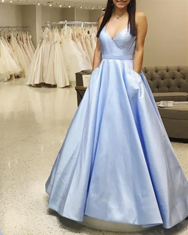 Light Blue Satin V-neck Cross Back Prom Dresses 2019