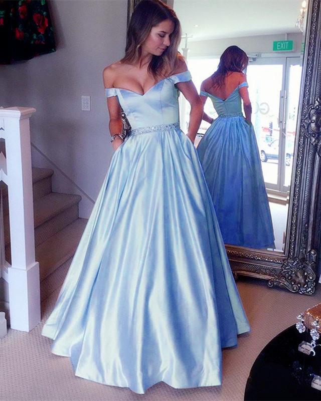 Long Satin V-neck Off Shoulder Prom Dresses Beaded Sashes