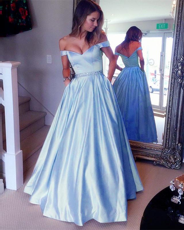 Sexy Off Shoulder Beaded Sashes Satin Prom Dresses Ball Gowns