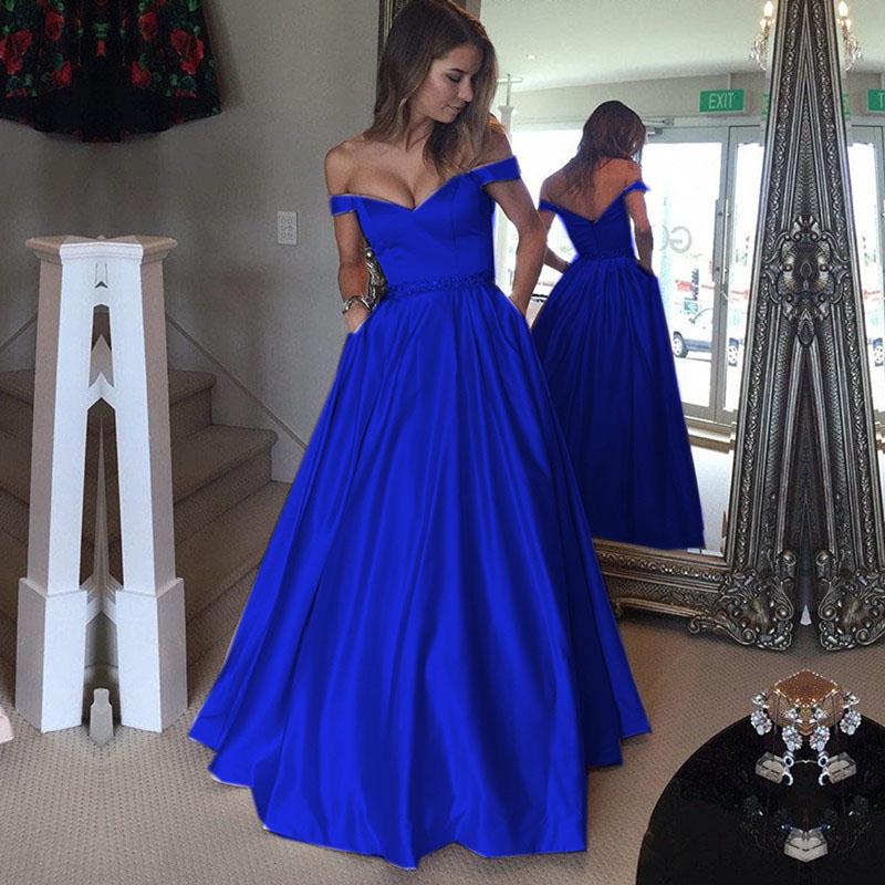 Sexy Off Shoulder Beaded Sashes Satin Prom Dresses Ball Gowns