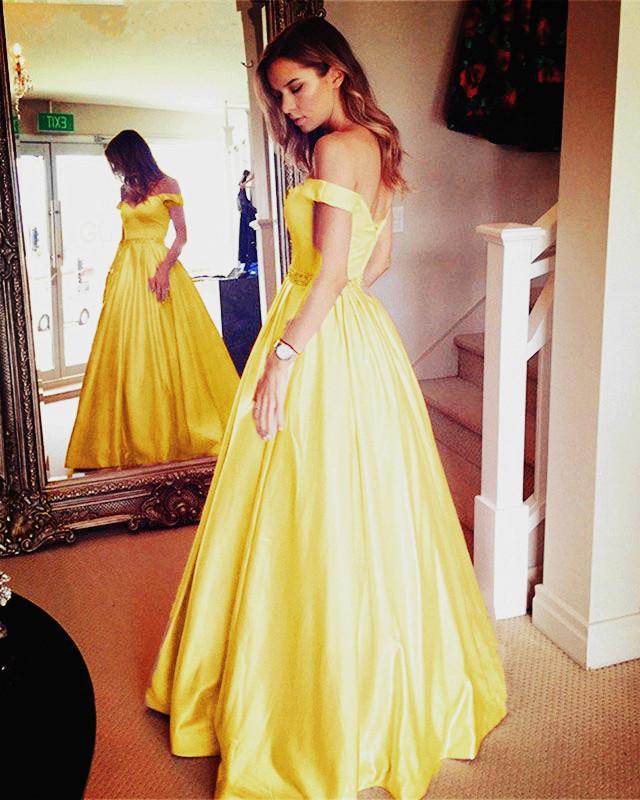 Sexy Off Shoulder Beaded Sashes Satin Prom Dresses Ball Gowns