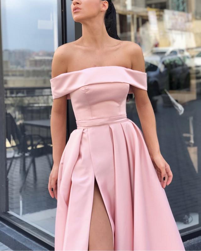 Off Shoulder Evening Gowns Satin Leg Split Prom Long Dresses