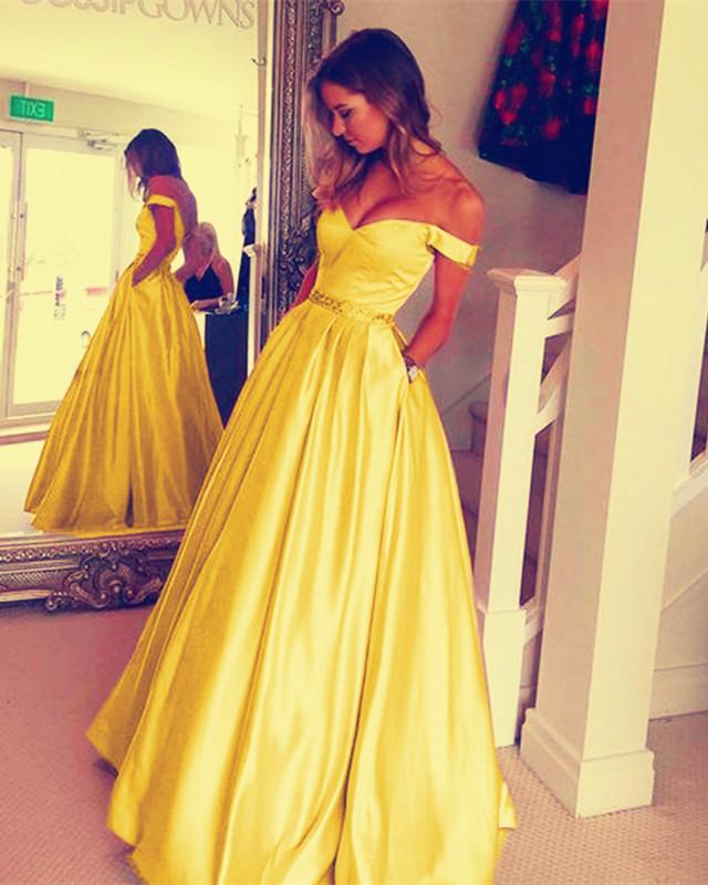 Long Satin V-neck Off Shoulder Prom Dresses Beaded Sashes