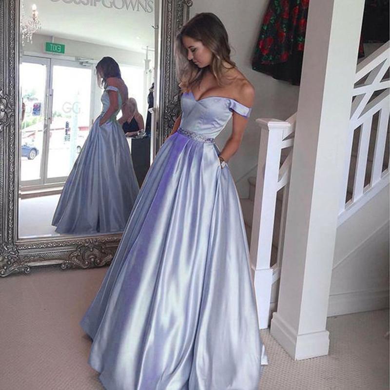 Long Satin V-neck Off Shoulder Prom Dresses Beaded Sashes