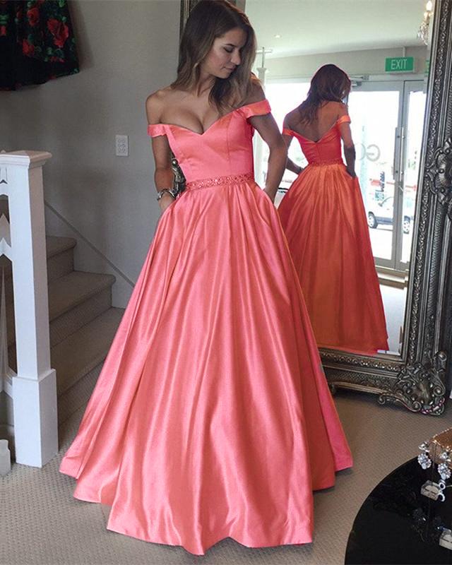 Long Satin V-neck Off Shoulder Prom Dresses Beaded Sashes