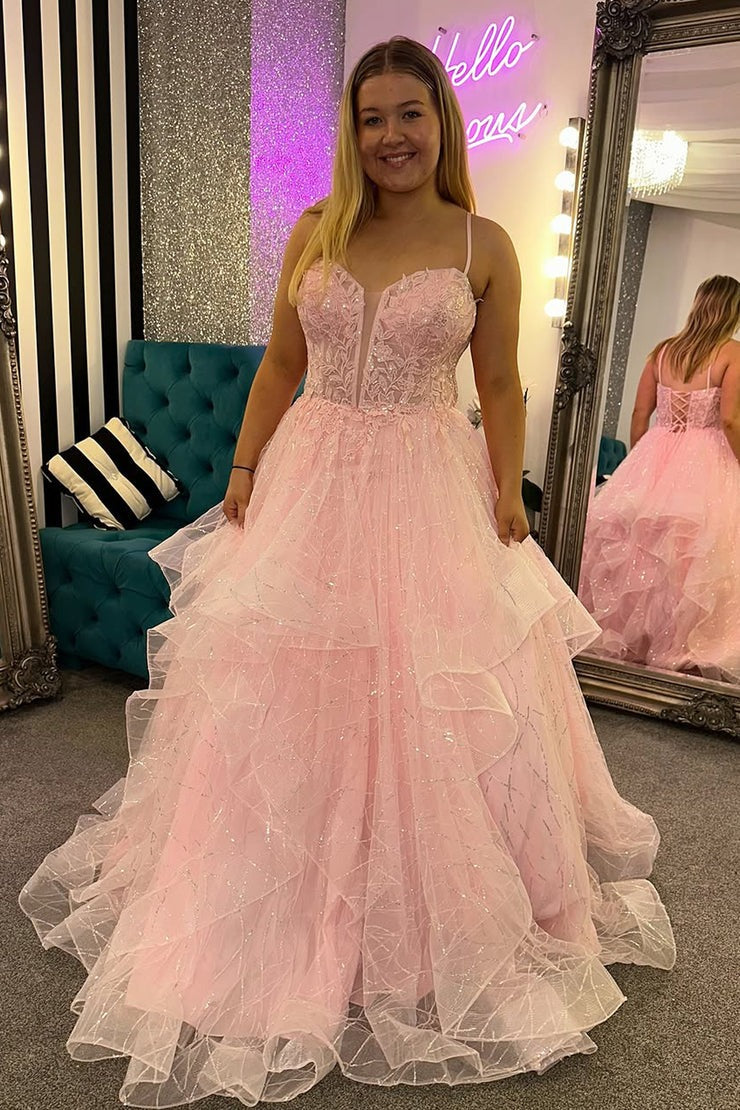 V Neck A Line Pink Ruffled Tulle Prom Dresses
