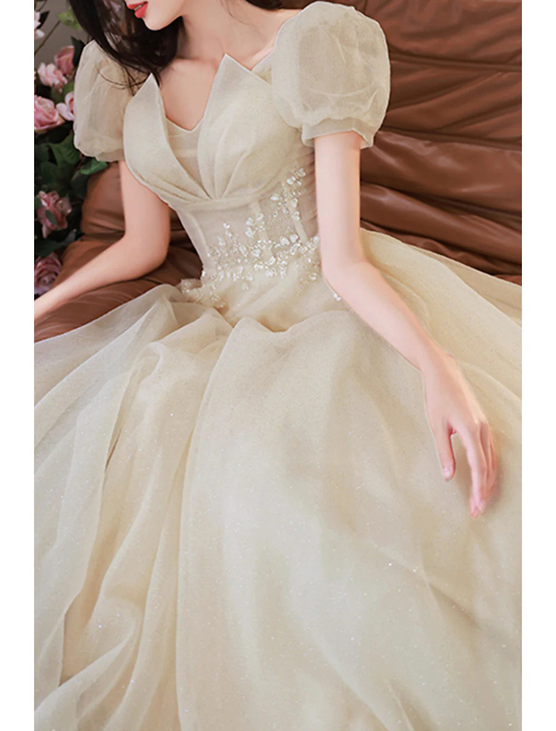 Aimishang A-Line Prom Dresses Gowns Evening Dresses Valentine's Day Wedding Guest Floor Length Short Sleeve V Neck Tulle with Sequin