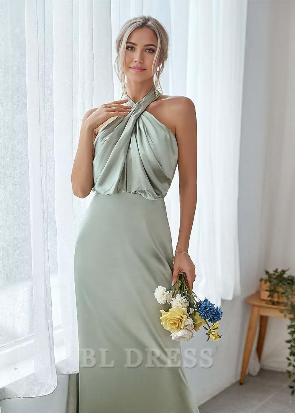 Sheath Halterneck Satin Pleated Floor Length formal dresses Bridesmaid Dresses evening gown Prom Dress