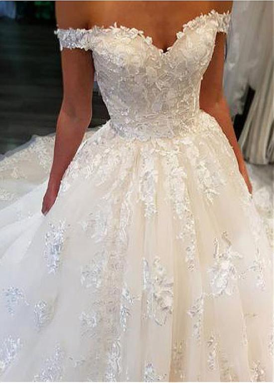 Tulle Off-the-shoulder Beading Appliques Ball Gown Wedding Dress