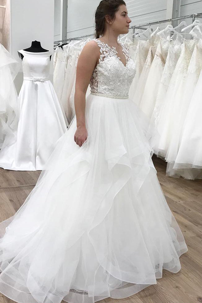Long Ruffles A-line V-Neck White Wedding Dress with Lace