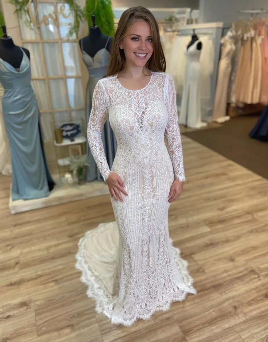Aimishang Wedding Dress Boho Mermaid Round Neck Long Sleeves Open Back Lace