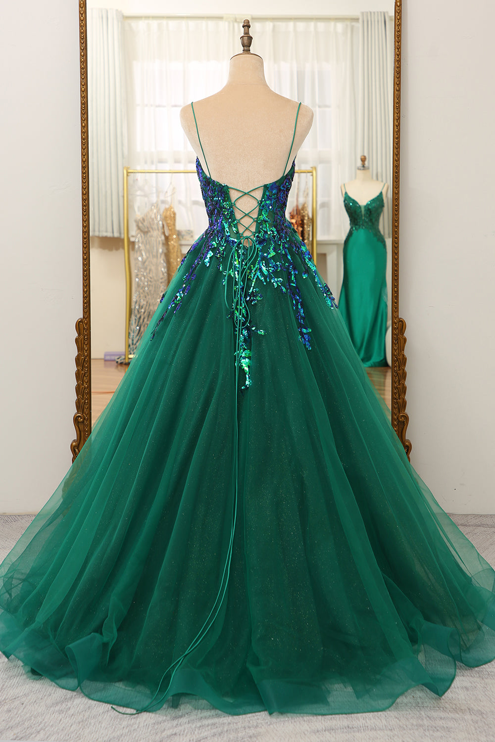 Dark Green A Line Tulle Long Prom Dress With Sparkly Sequined Appliques Sexy