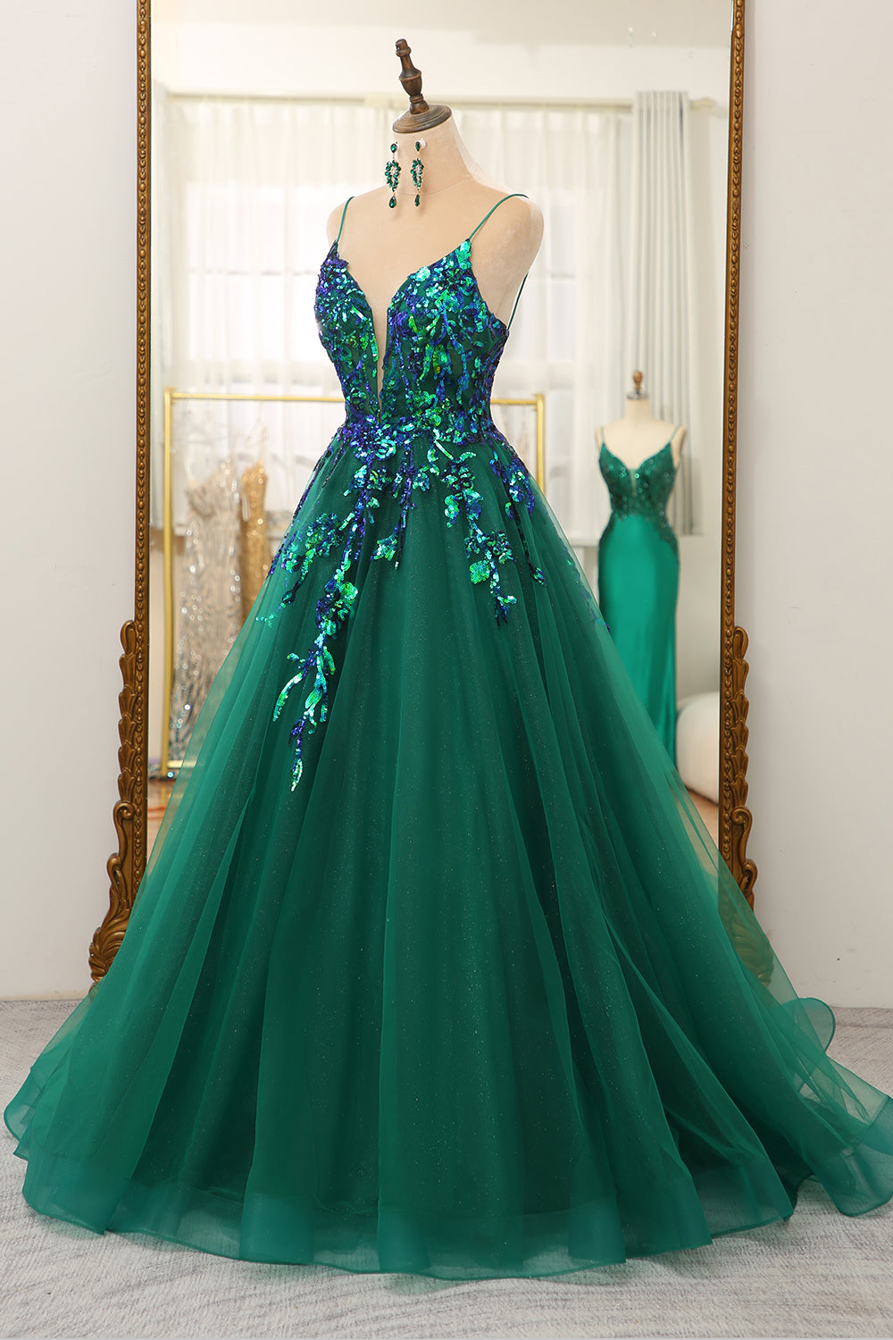 Dark Green A Line Tulle Long Prom Dress With Sparkly Sequined Appliques Sexy