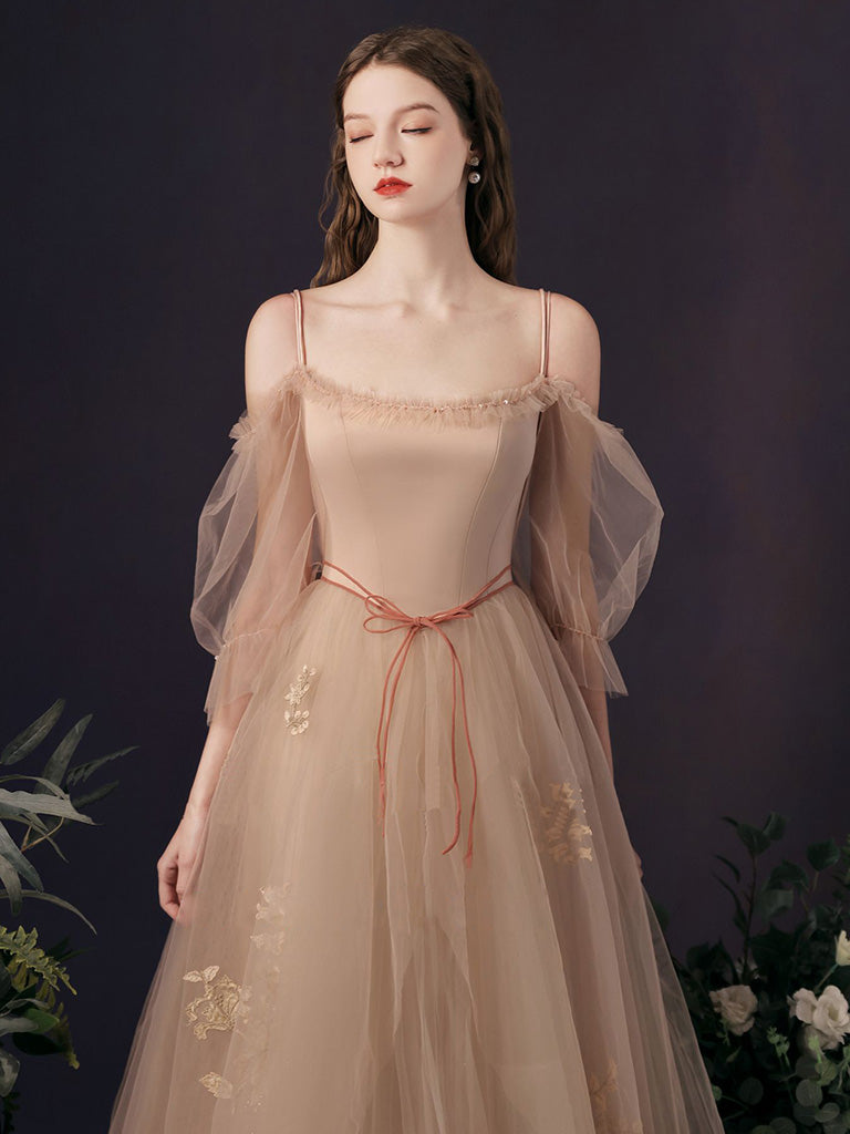 Champagne Tulle A-Line Long Prom Dress, Champagne Formal Dress