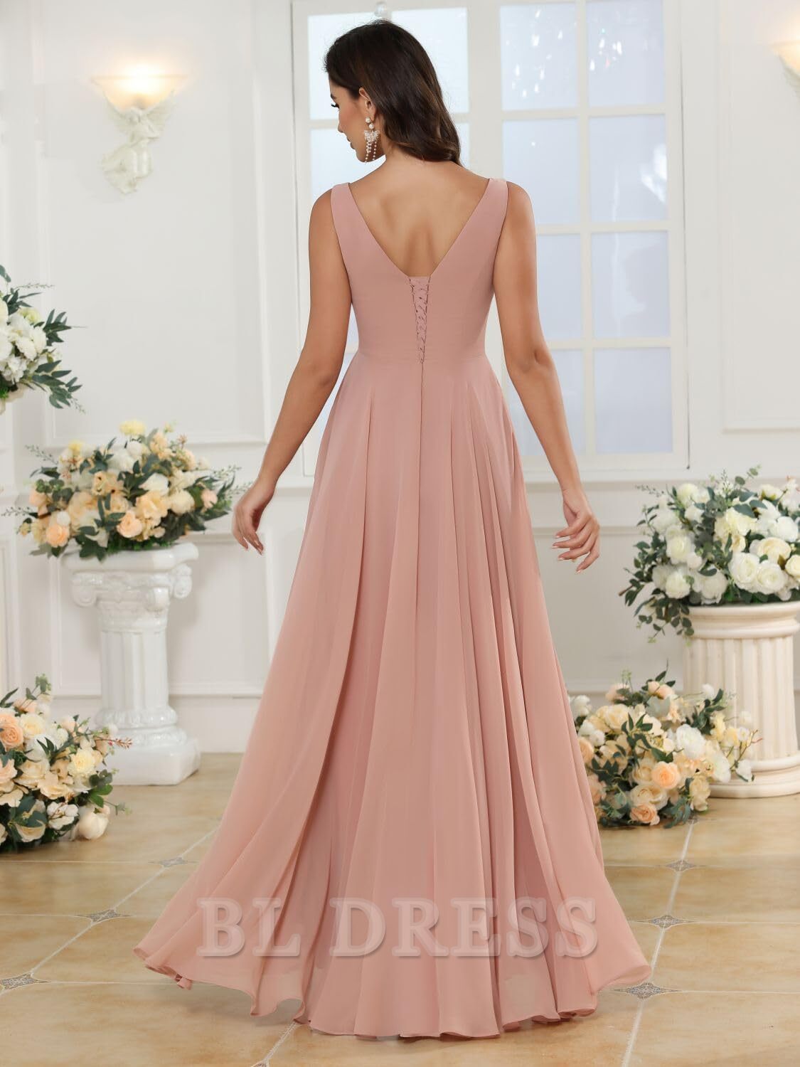 A-line V Neck Slit Chiffon formal dresses Bridesmaid Dresses evening gown Prom Dress with Pockets